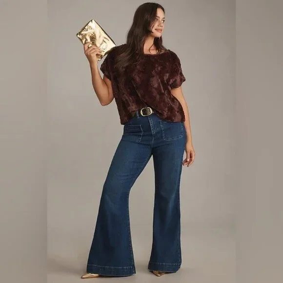 NWT Size L- Anthropologie Maeve faux-fur tee in Chocolate (NWT US$ 120) - Picture 1 of 16